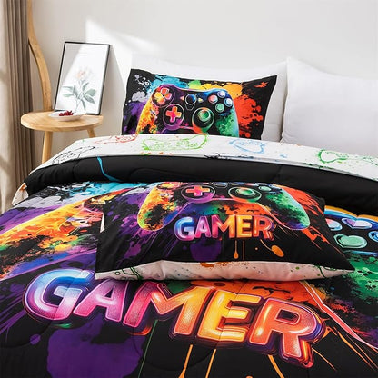 NTBED Game Console Comforter Set for Boys Girls Kids Tie Dye GamingLightweight Microfiber Gamer Bedding Sets (Multi, Queen 5Pcs)
