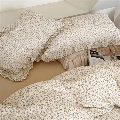 BuLuTu Kids Floral Duvet Cover Twin Girls Quilt Cover Ruffled Bedding Shabby Chic Princess Comforter Cover with Pillowcases, Oeko-TEX Certified Cotton Muslin, Soft Lightweight, Camellia Pattern