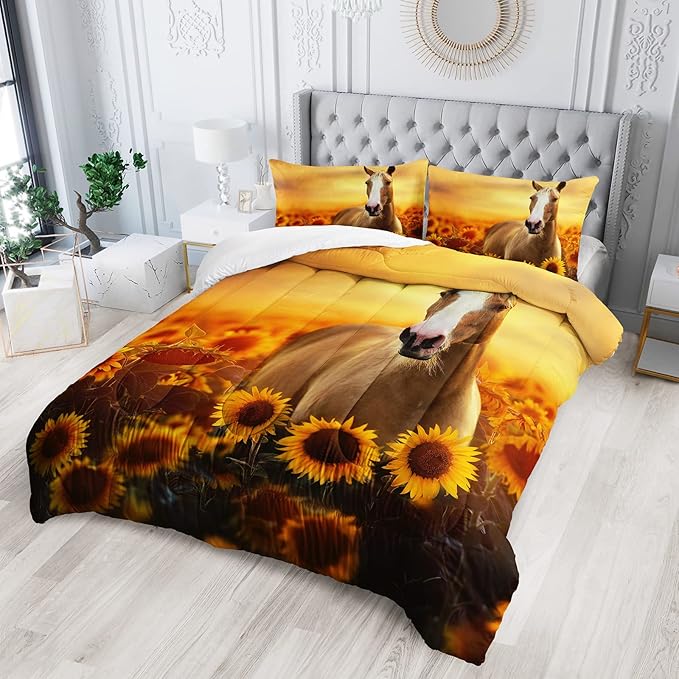 QOOMO Horse Comforter Queen Size,Sunflower Horse Comforter Set for Kids Teens Girls Boys,3Pcs Bedding Set Printed Comforter with 2 Pillowcases,Soft and Lightweight，Queen Size