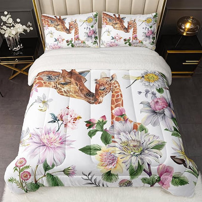 QOOMO Cartoon Giraffe Sherpa Plush Comforter Set, Twin Size 3 Pieces Animals Bedding Sets, Ultra Soft Cozy Fleece Bedding Set,Cute Bed Sets for All Seasons with 1 Comforter 2 Pillowcases
