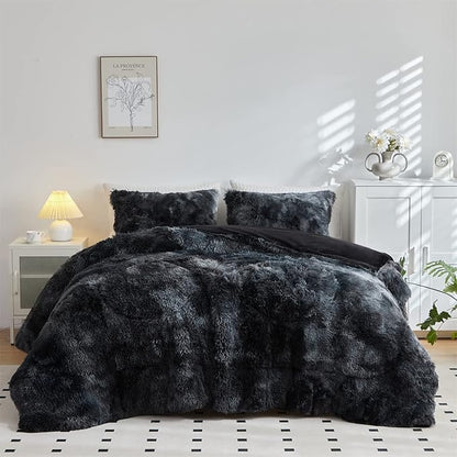 Wajade Faux Fur Plush Tie Dye Black Comforter Set Fluffy Fuzzy Shaggy Bedding Set - 3PC Full Size Microfiber Soft Warm Quilt Set