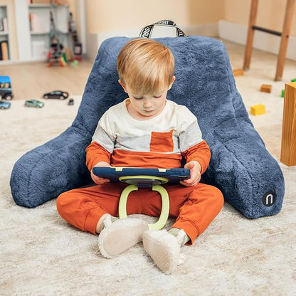 Nestl Fur Reading Pillow with Laptop Lap Desk, Stylish Back Pillow for Sitting Up, Lap Desk with Reading Pillows for Sitting in Bed Adult & Kids, Faux Fur Chair Pillow with Arms - Blue