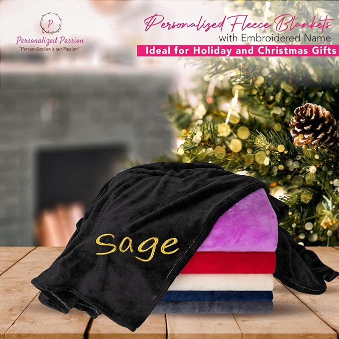 Personalized Blankets for Adults - Custom Blanket with Embroidered Name or Monogram - Soft Fleece Throw Cover for Bed & Couch - Black (60"x80")
