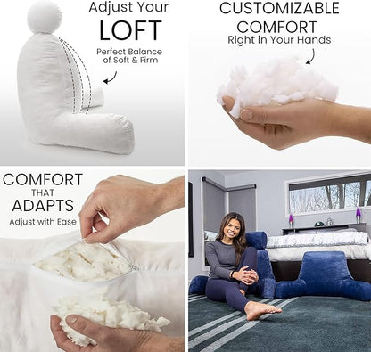 Husband Pillow Dark Blue, Original Reading Pillow in Bed Rest Chair, Shredded Memory Foam Large Lounge Cushion Adult Backrest with Arms, Comfy Back Support for Sit Sitting Up, Wash/Removable Cover