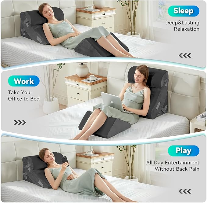 BDEUS 4PCS Bed Wedge Pillow Post Surgery, Orthopedic Sleeping Wedge Pillow Set for Back, Neck and Leg Pain Relief, Acid Reflux, GERD, Memory Foam Support Pillows for After Surgery, Grey