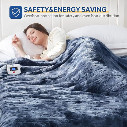 Sealy Electric Heated Blanket Queen Size, Faux Fur & Flannel Fast Heating Blanket with 10 Heat Setting & 1-12 Hour Auto Shut Off, Machine Washable, Navy Blue, 84 x 90 Inch