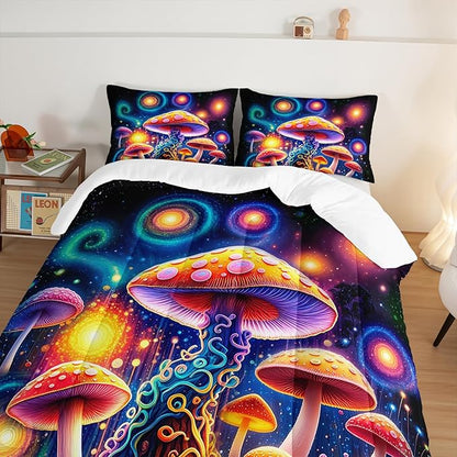 Kids Mushroom Comforter Set King Size,Colorful Flash Natural Wild Fungus Bedding Set for Kids Boys Girls Room Decor,Botanical Plants Bedding Sets with 2 Pillowcases.
