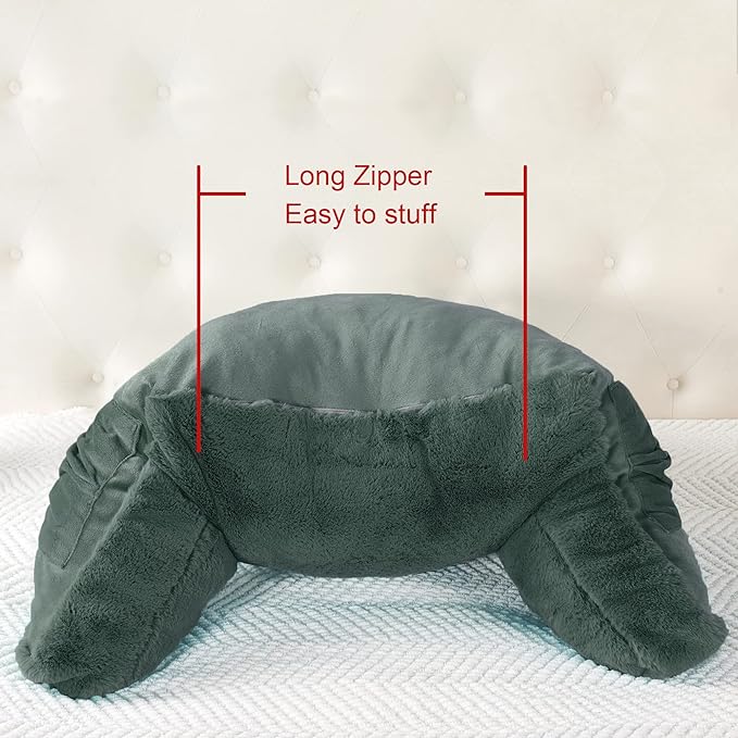 Plush Faux Fur Backrest Reading Bed Rest Pillow with Arms and Pockets for Sitting in Bed Couch Sofa, Back Support Wedge Cushion with Removable Cover, 20" x 18" x 17", Dark Gray