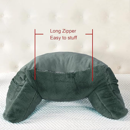 Plush Faux Fur Backrest Reading Bed Rest Pillow with Arms and Pockets for Sitting in Bed Couch Sofa, Back Support Wedge Cushion with Removable Cover, 20" x 18" x 17", Dark Gray