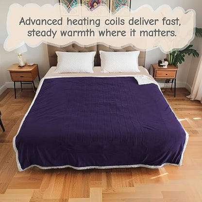 Electric Heated Blanket Throw Size 50"x60", Soft Flannel with Overheat Protection, 6 Adjustable Heat Settings & 3-Hour Auto-Off Timer, Fast Heating for Winter Comfort, Dark Purple