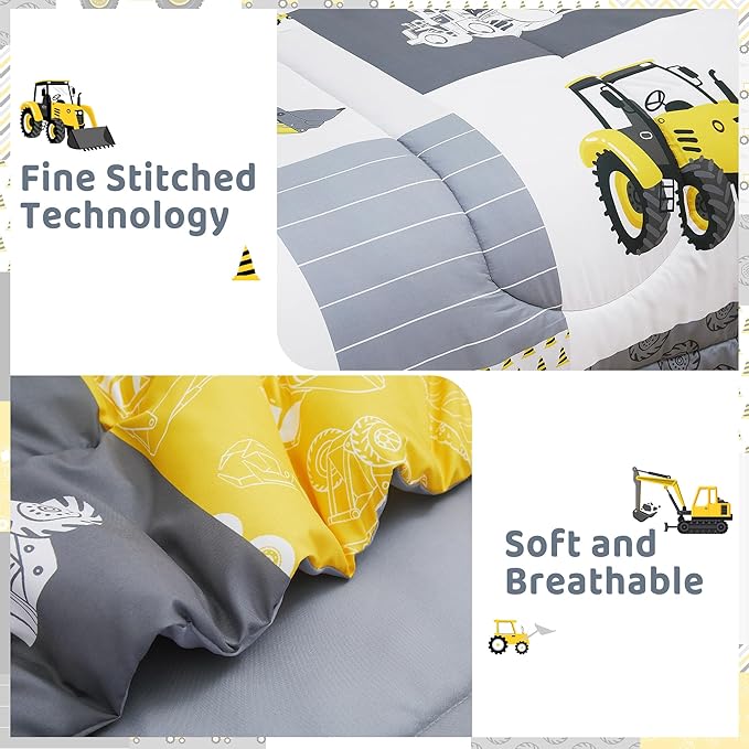 Mooreeke Kids Twin Comforter Sets for Boys 6 Pieces Yellow Excavator Bedding Set for Teens Microfiber Kids Bed in A Bag with Comforter, Sheet Set, Shams and Decorative Toy Pillow All Season