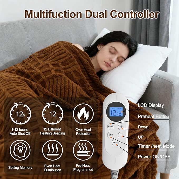 Heated Blanket Electric Queen,Waffle Heating Blanket with 12 Heat Levels, Fast Heating Blanket with 1-12 Timer Settings, Overheat Protection with ETL & FCC for Home Office Sofa-84"x90"