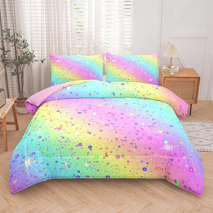 MWMWMW 5 pcs Girls Comforter Set Queen, Kids Rainbow Galaxy Bedding Set, Girls Bed in a Bag Queen with with 1 Comforter, 1 Flat Sheet, 1 Fitted Sheet and 2 Pillowcases