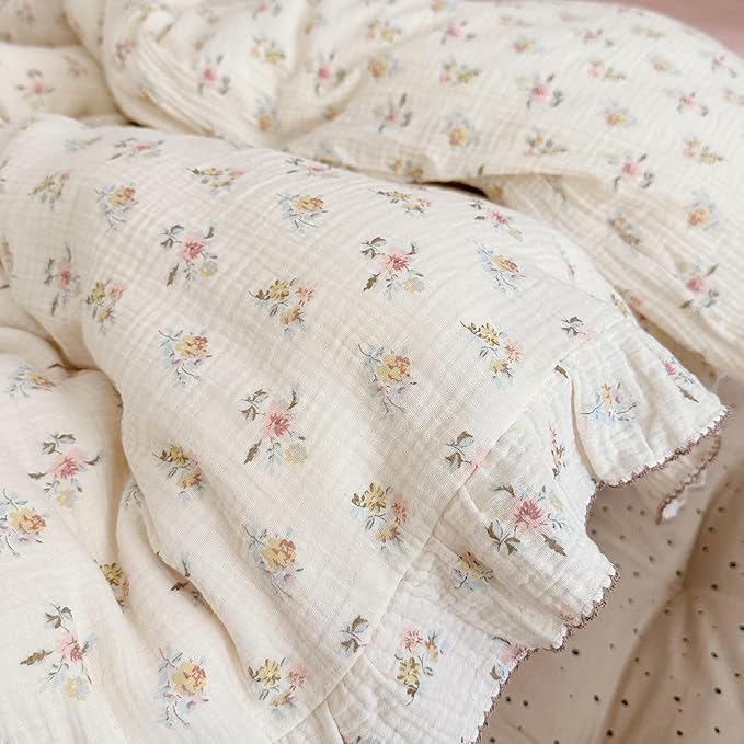 BuLuTu Cotton Muslin Kids Duvet Cover Set Twin Size, Shabby Chic Azalea Floral Comforter Cover with Ruffles, Kids Teens Girls Boys Bedding Set, Soft Lightweight Quilt Cover with 2 Pillowcases