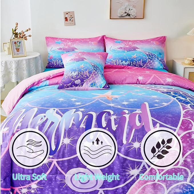 RYNGHIPY Mermaid Comforter Set 6Pcs, Kids Gilrs Bed in a Bag Queen Size, Mermaid Tail Print Teens Girls Bedding Set, Rainbow Bedding Collections