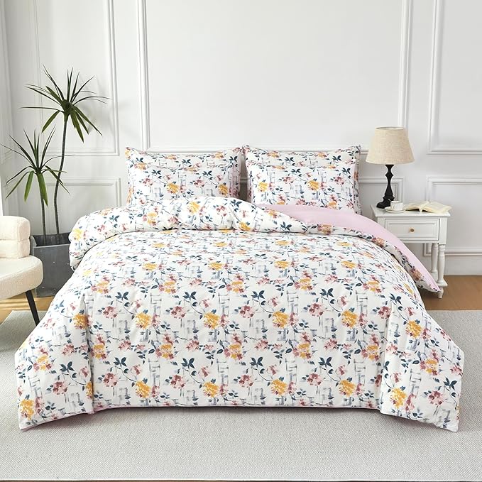 URBONUR Garden Floral Duvet Cover Set 100% Egyptian Cotton Silky Sateen Smooth Breathable Durable Soft Bedding Sets Purple Yellow Flowers Printed on White (3Pcs Queen, 90''x90'')
