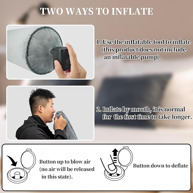 ONTYZZ Inflatable Long Body Pillow, Long Pillow for Bed, Oval Bolster Pillow for Good Sleeping and Back/Neck Support, 2pcs Grey
