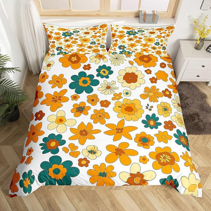 70s Retro Flowers Duvet Cover Queen for Kids Boys,Vintage Autumn Floral Bedding Set with 2 Pillowcases Comforter Cover,Wavy Geometric Hippie Bedspread Quilt Cover 3Pcs, Soft