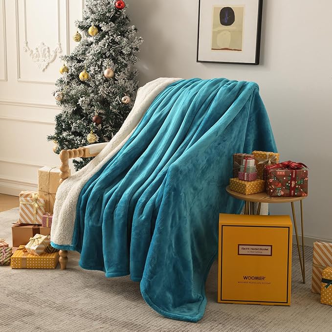 WOOMER Electric Heated Blanket Queen Size, Soft Flannel Fast Heating Blanket, Teal Color, 84"x 90", 10 Heating Levels & 0.5-12H Auto Off, Over-Heat Protection