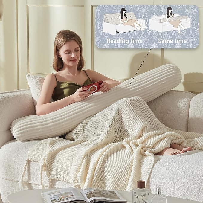 Headboard Wedge Pillow + A Long Neck Roll Pillow Body Pillow，Large Headboard Pillow with Removable Cover (Beige, Twin：39x8x20 inches)