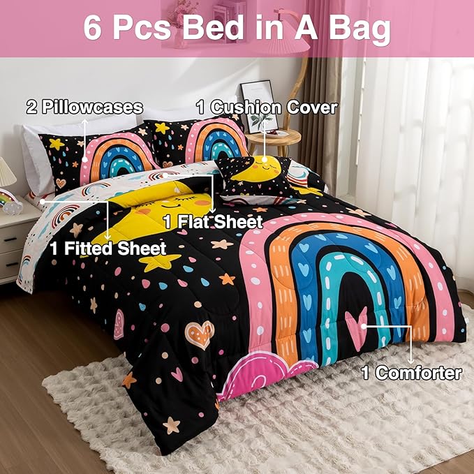 A Nice Night Bedding 6 Pcs Cartoon Rainbow Bedding Set with Smile Moon Printed for Boys Girls Bed Comforter Sets (Black, Full)