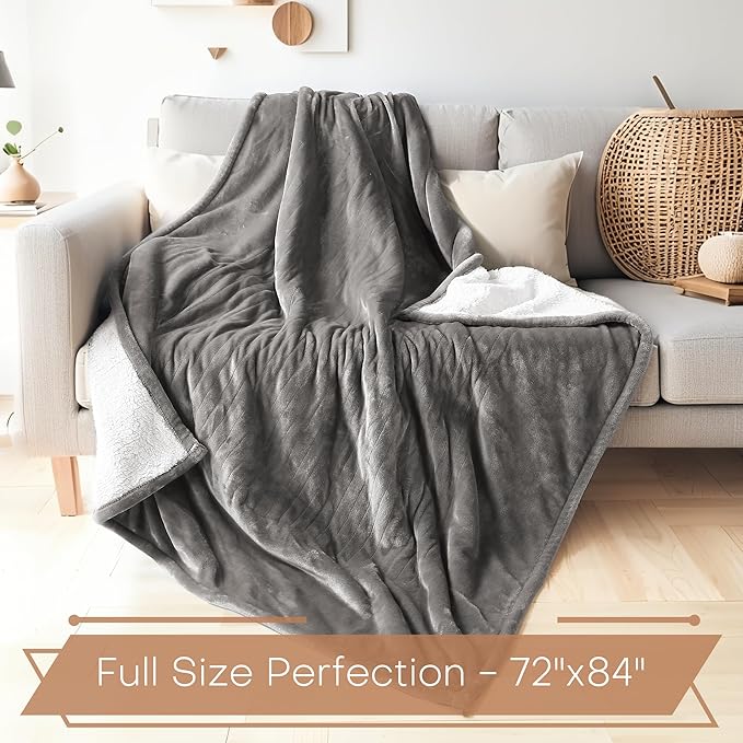 Electric Heated Blanket 72"x84" Full Size - Flannel & Sherpa Fabric Dual-Sided, 6 Heat Settings & 1-10 Hours Auto Off, Soft & Cozy Warming Throw for Home, Office, or Bed, Machine Washable, Light Gray