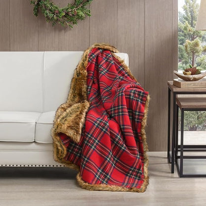 HORIMOTE HOME Luxury Plush Faux Fur Throw Blanket with Red Plaid Pattern, Super Warm, Fuzzy, Elegant, Fluffy Decoration Christmas Holiday Blanket for Couch, Armchair, Sofa and Bed, 50''x 60''