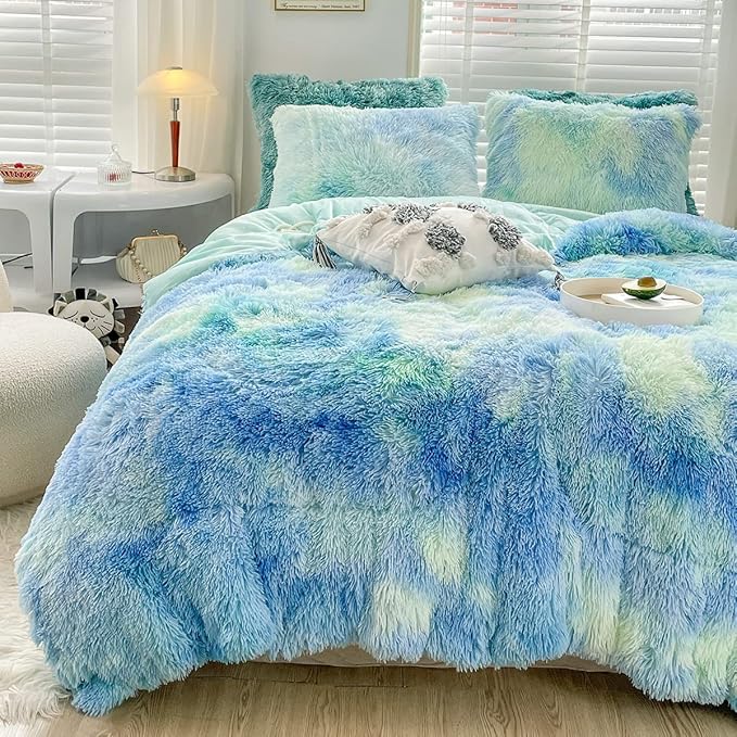 Wajade Faux Fur Plush Tie Dye Blue Green Comforter Set Fluffy Fuzzy Shaggy Bedding Set - 3PC Full/Queen Microfiber Soft Warm Quilt Set