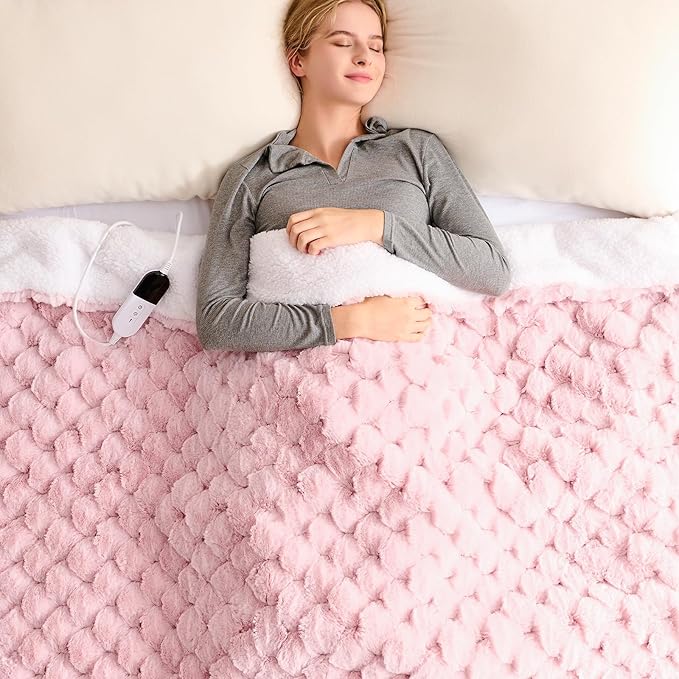 Homemate Heated Blanket Electric Throw - 50"x60" Heating Blanket Throw 1/2/4/6/8 Hours Auto-Off 10 Heat Levels Over-Heat Protection Luxury 800 GSM Faux Fur 200 GSM Sherpa ETL Certification