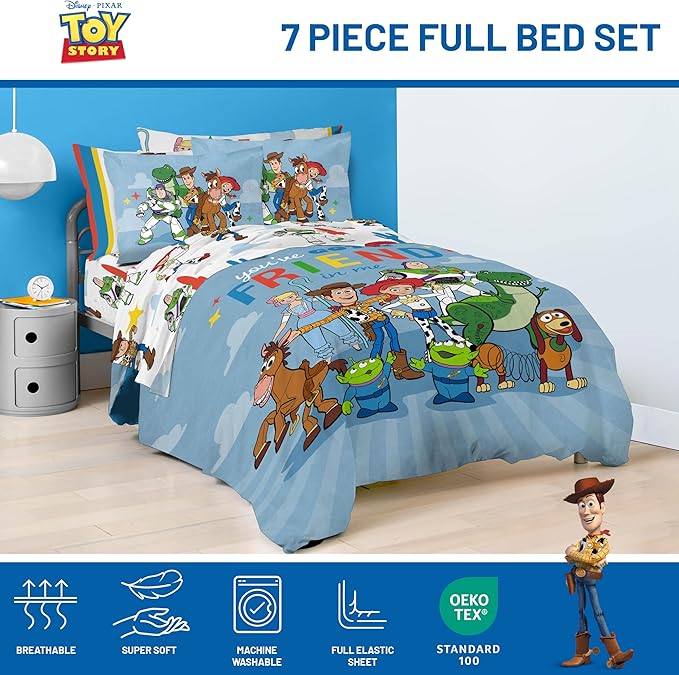 Jay Franco Kids Comforter Set Includes Sheets and Pillow Cover - Soft and Cozy Bed Set for Stylish Room Decor, Blue - Toy Story, 7 Piece Full