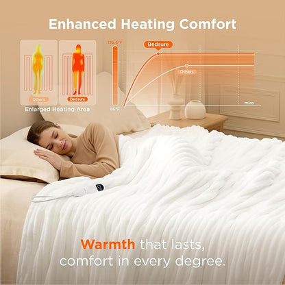 Bedsure Electric Blanket Twin - Thick Striped Flannel Electric Blanket, Heating with 10 Time Settings, 6 Heat Settings, and 8-Hour Timer Auto Shut Off, Gift for Grandma (62x84 inches, White)