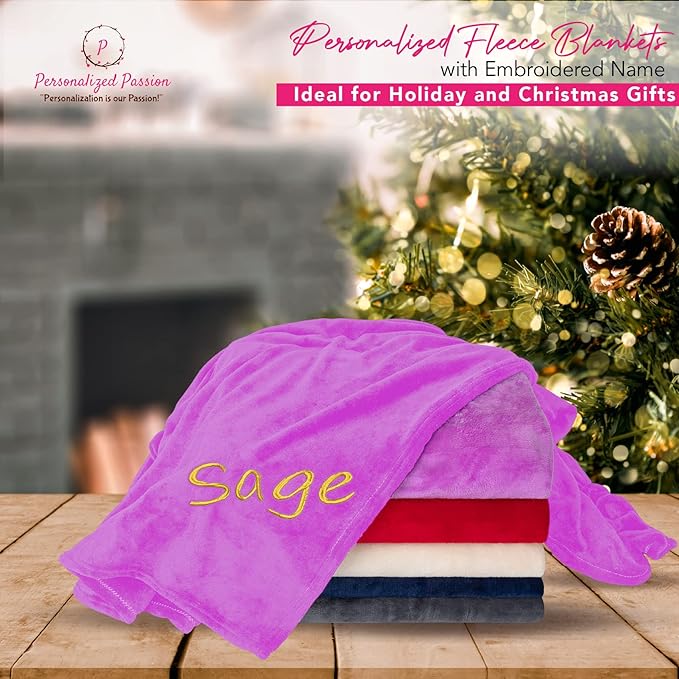 Personalized Blankets for Adults - Custom Blanket with Embroidered Name or Monogram - Soft Fleece Throw Cover for Bed & Couch - Purple (40"x60")