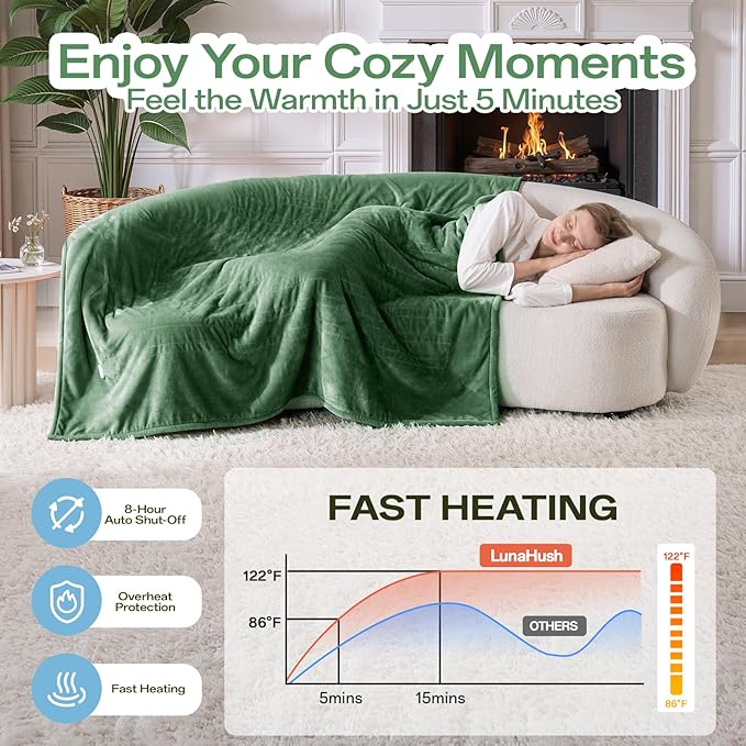 Electric Blanket Heated Twin Size-62" x 84" Heated Blanket with 8 Heat Levels & 10 Hours Auto Off, Fast Heating Flannel Blankets Machine Washable with ETL & FCC Certified, Green