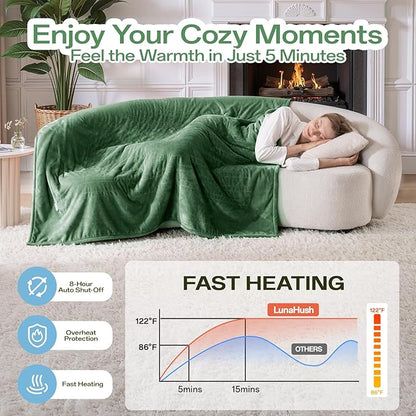 Electric Blanket Heated Twin Size-62" x 84" Heated Blanket with 8 Heat Levels & 10 Hours Auto Off, Fast Heating Flannel Blankets Machine Washable with ETL & FCC Certified, Green