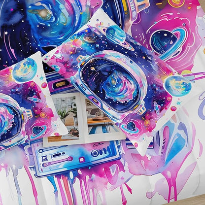 Kids Pink and Blue Astronaut Galaxy Comforter Set Twin，Outer Space Themed Twin Size Bedding Set，with 1 Comforter with 2 Pillow Case，Astronaut Bedroom Decor for Boys