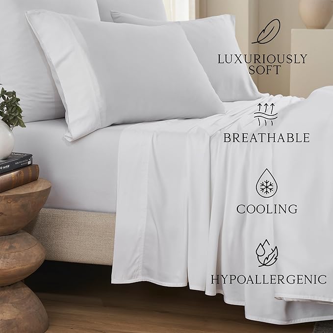 KARISSA MAE Cooling Bamboo Viscose King Size Sheet Set | 100% Organically Grown | 18” Deep Pocket | Silky, Soft, & Hypoallergenic | with Organizer Band & Elastic Corner Straps [White]
