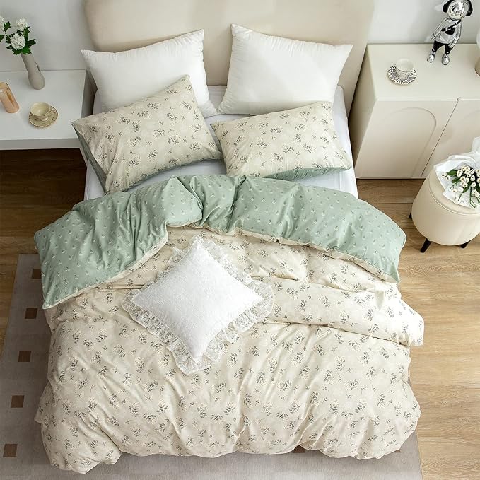 Floral Duvet Cover Set Queen - 100% Cotton 3 Pieces Bedding for Girls, Reversible Chic Garden Style Pattern Printed With Zipper Closure