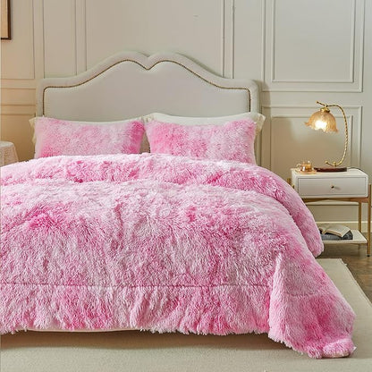 Wajade Faux Fur Plush Pink Comforter Set Fluffy Fuzzy Shaggy Bedding Set - 3PC Full/Queen Microfiber Soft Warm Quilt Set