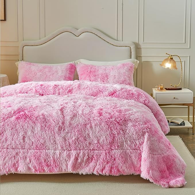 Wajade Faux Fur Plush Pink Comforter Set Fluffy Fuzzy Shaggy Bedding Set - 3PC Full Size Microfiber Soft Warm Quilt Set