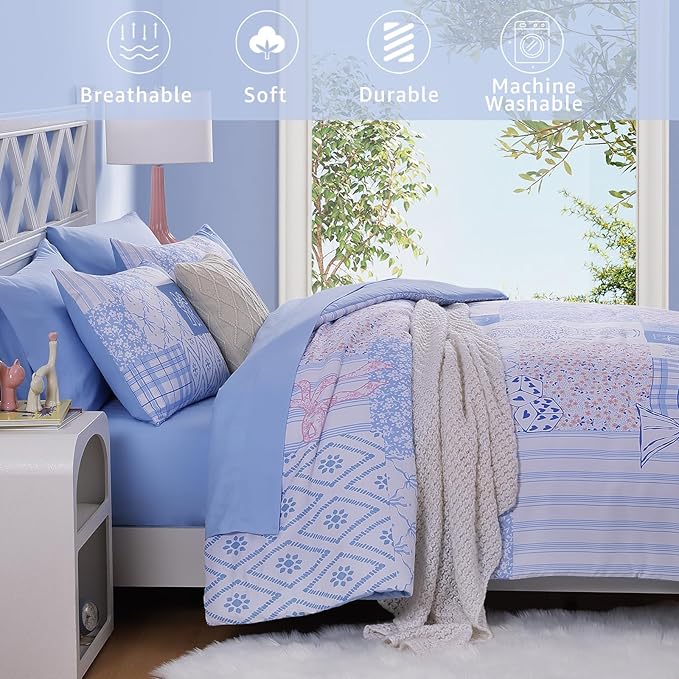 Twin XL Comforter Set for Girls, Cute Blue Bow Bedding 5 Pieces Kids Bed Set, All Season Dorm Bed in a Bag with Sheets, Pillowcase & Sham