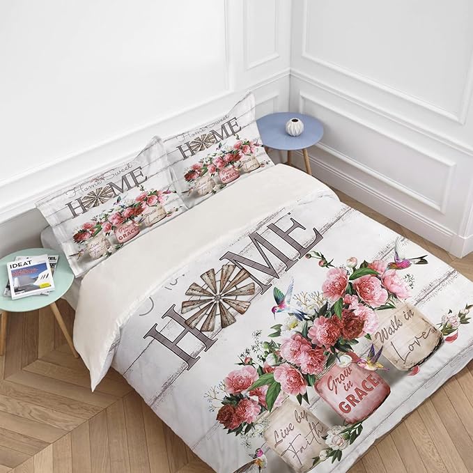 Rose Flower Theme 3 Pieces Duvet Cover Comforter Set with 2 Pillowcase Twin Size Pink Peony Floral Bed Sheet Quilt Bedroom Bedding for Lover Kids