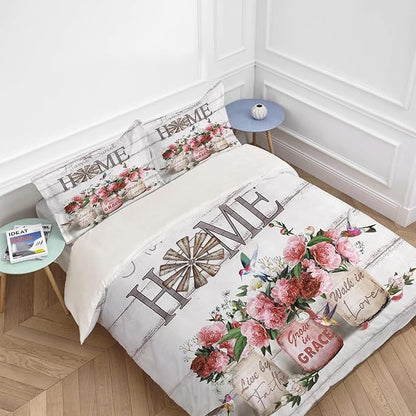 Rose Flower Theme 3 Pieces Duvet Cover Comforter Set with 2 Pillowcase Queen Size Pink Peony Floral Bed Sheet Quilt Bedroom Bedding for Lover Kids