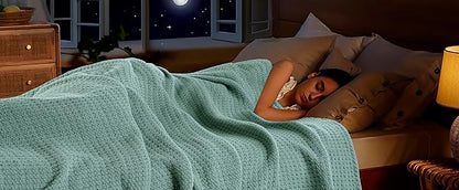 HILLFAIR 100% Combed Cotton Blanket– California King Size Bed Blankets– Warm Soft All Season Breathable Blankets– Extra Large Oversized California King Blanket- Sage Cotton Bed Blankets