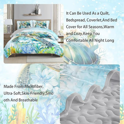 AILONEN Sea Turtle Quilt Set Twin Size,Blue Green Flower Bedspread Coverlet,Ocean Theme Bedding Set Printed with 2 Pillowcases,Soft Microfiber Bed Cover