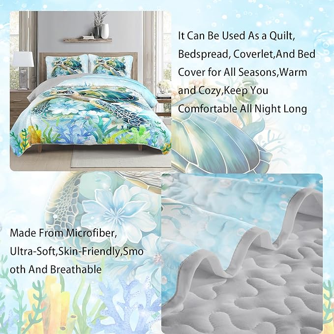 AILONEN Sea Turtle Quilt Set Queen Size,Blue Green Flower Bedspread Coverlet,Ocean Theme Bedding Set Printed with 2 Pillowcases,Soft Microfiber Bed Cover