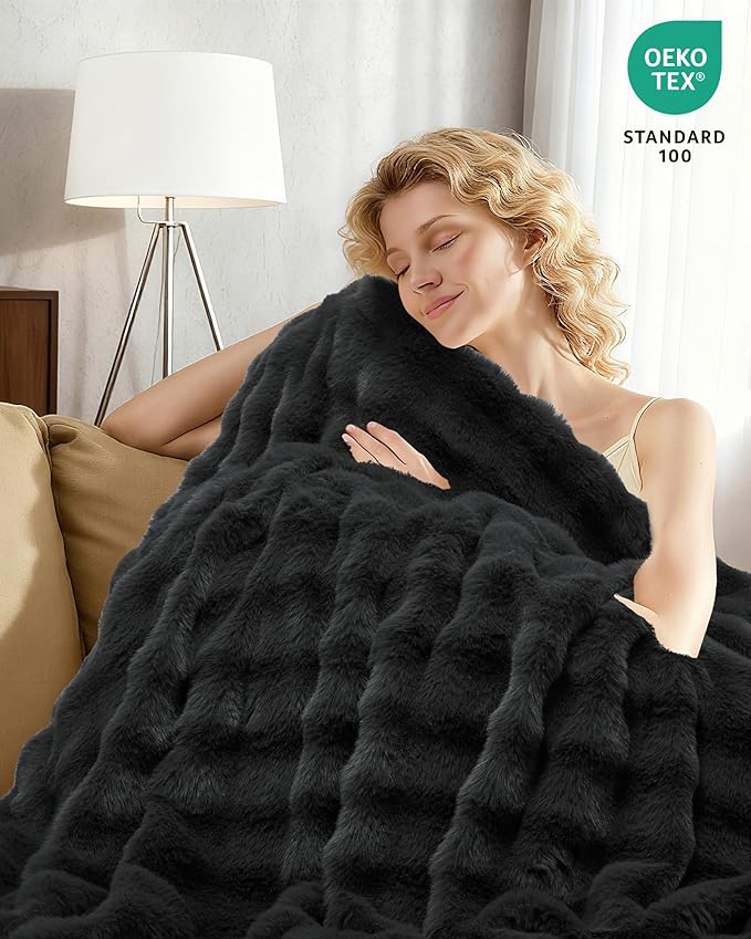 GarveeHome Heated Blanket Throw, Faux Fur Electric Throw with 4 Heat Settings, Soft Bubble Blanket with 4 Hours Auto-Off & Overheat Protection, for Gifts Home Couch or Bed, Dark Grey
