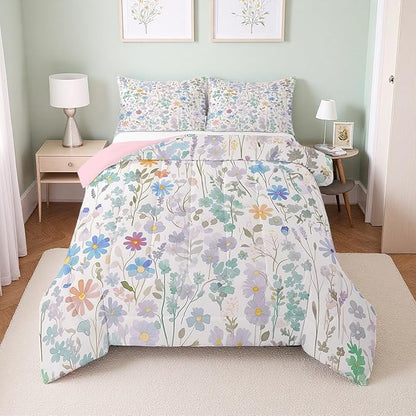 Erosebridal Colorful Floral King Bedding Sets for Girls Boys Kids,Green Blue Cute Flower Comforter Set Boho Home Decor,Watercolor Wildflower Quilt Bed Set Wild Flowers Bed Comforter Set 3Pcs