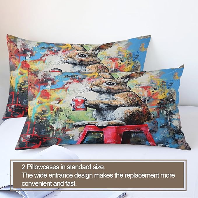 Rabbit Duvet Cover Twin Size, Street Graffiti Rabbit Bedding Set 2 Piece Kids and Adults Fun Animal Comforter Cover with Zipper Ties & 1 Pillowcases
