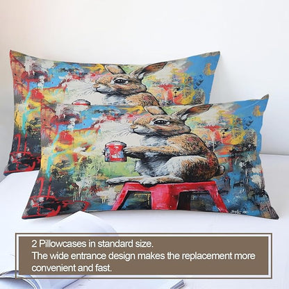 Rabbit Duvet Cover Full Size, Street Graffiti Rabbit Bedding Set 3 Piece Bedroom Decor Fun Animal Comforter Cover with Zipper Ties & 2 Pillowcases