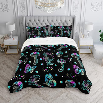 Colorful Mushroom Comforter Set Twin Size Kids Mushroom Butterfly Bedding Set Star Quilt Bed Set for Boys Girls Adults with 1 Comforter and 2 Pillowcases